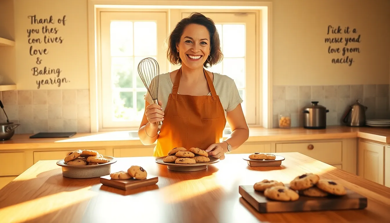 a baker in a cozy kitchen, surrounded by freshly baked cookies.