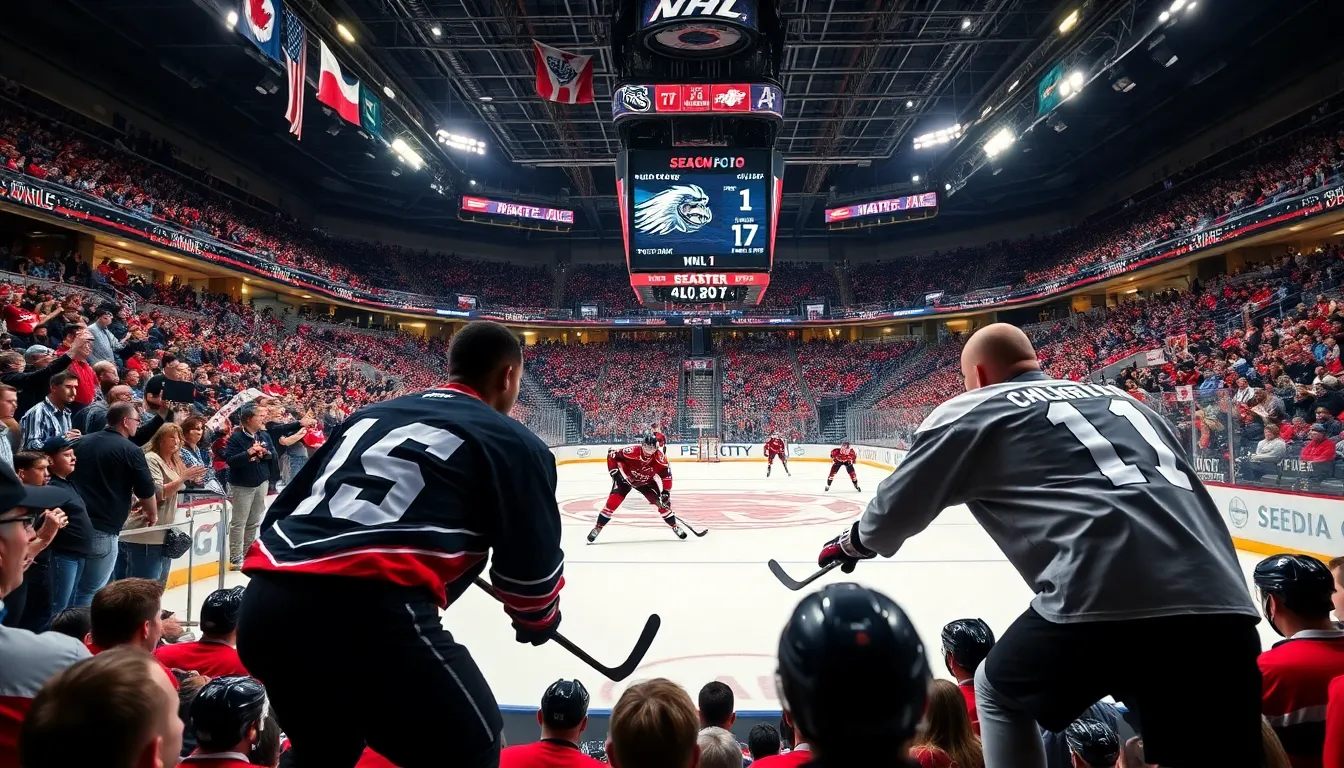 hockey players competing in a packed arena during an exciting game.