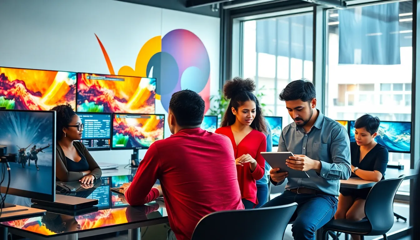 diverse professionals collaborating in a modern game development setting.
