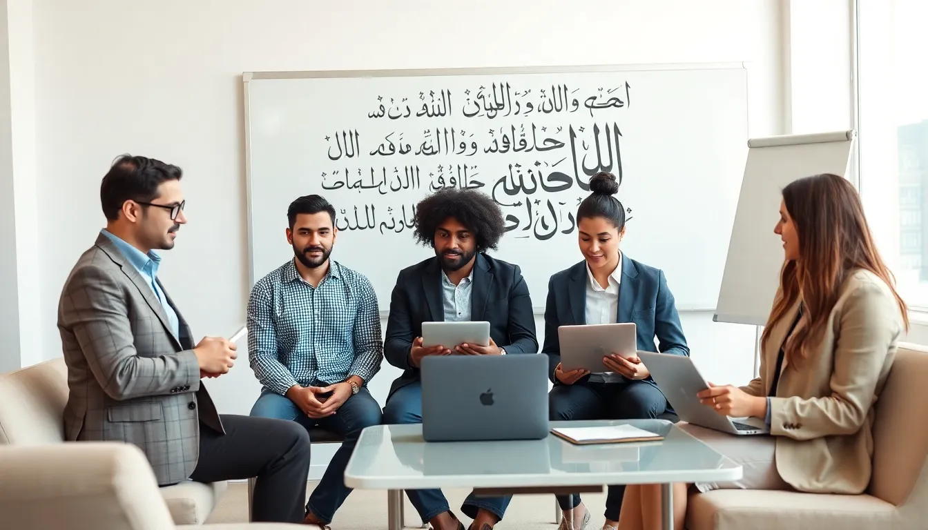 diverse group learning Arabic in a modern classroom setting.