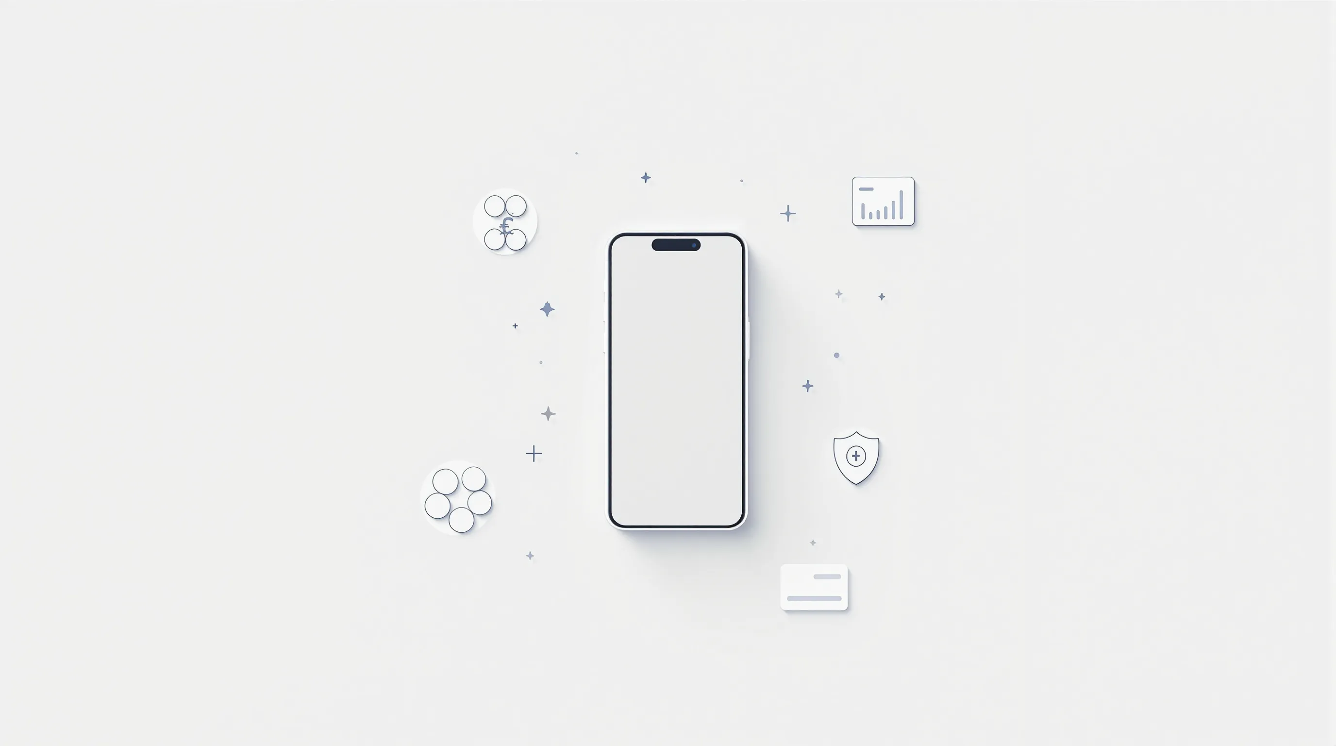 Minimalist smartphone with floating currency, chart, shield, and card icons on neutral background.