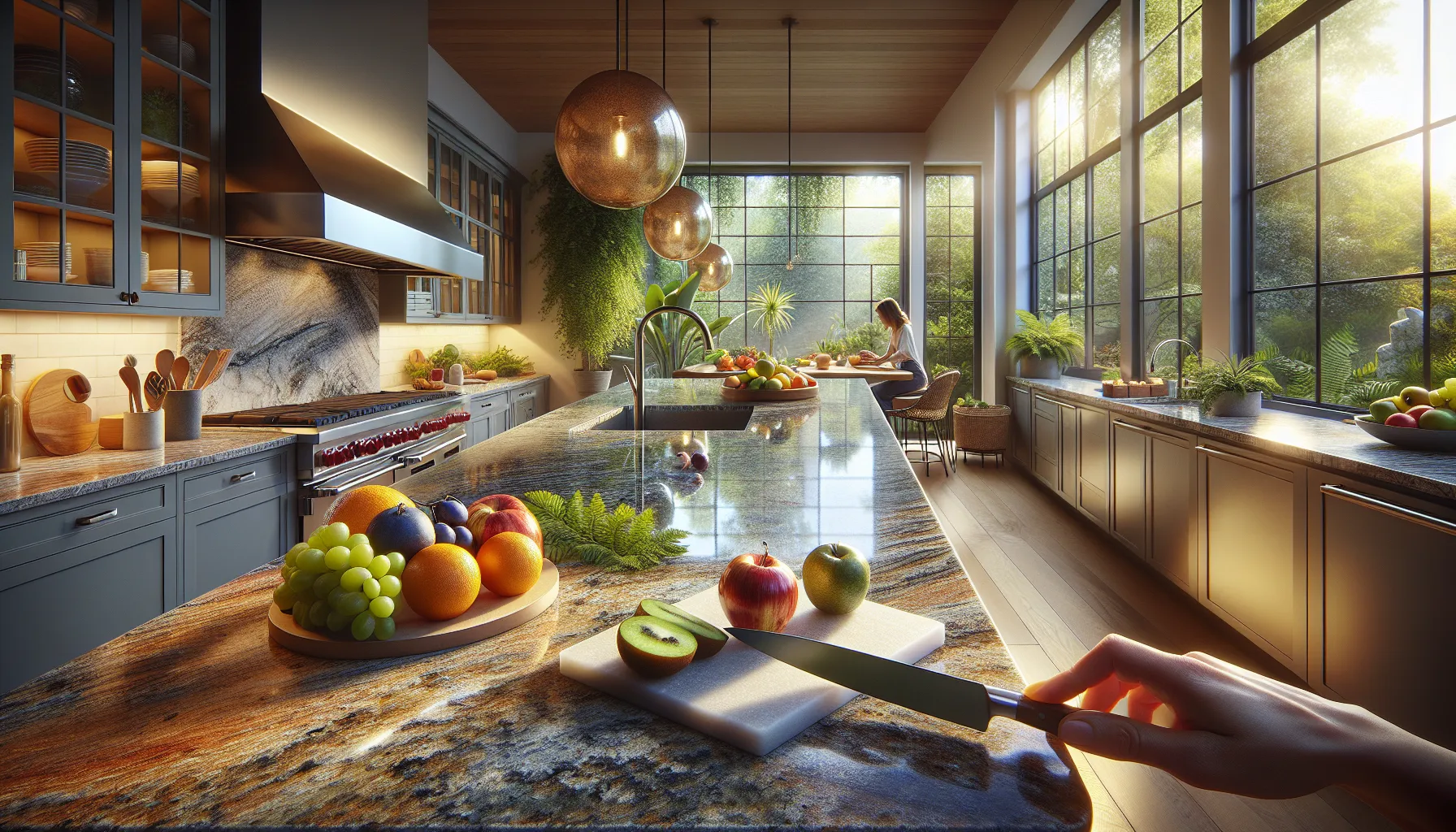 a modern kitchen displaying quartz and granite countertops.