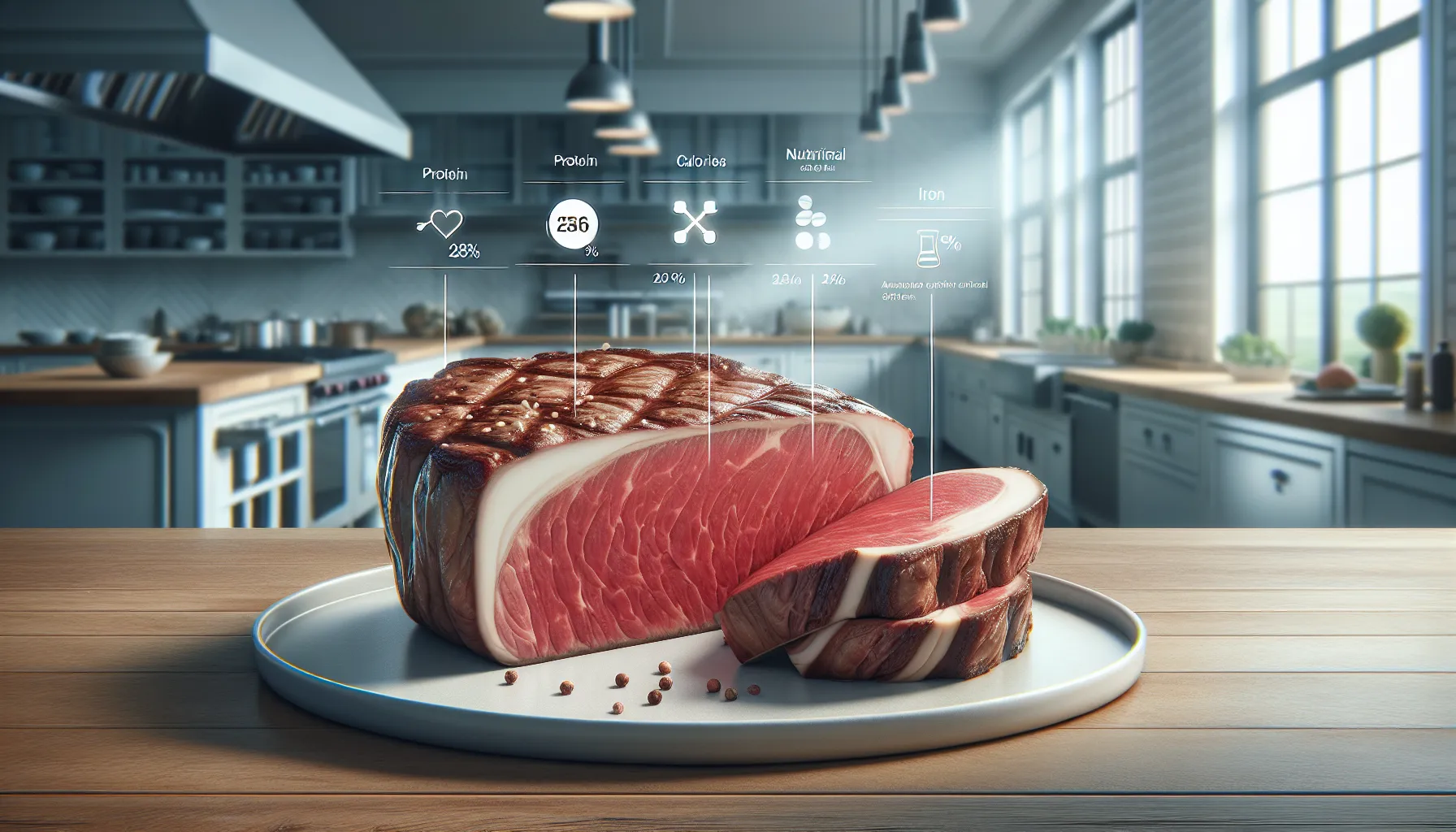 Sliced ramstek steak on a plate in a modern kitchen setting.