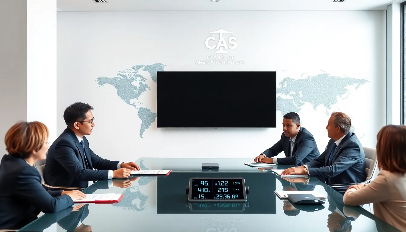 diverse arbitrators discussing sports law in a modern conference room.