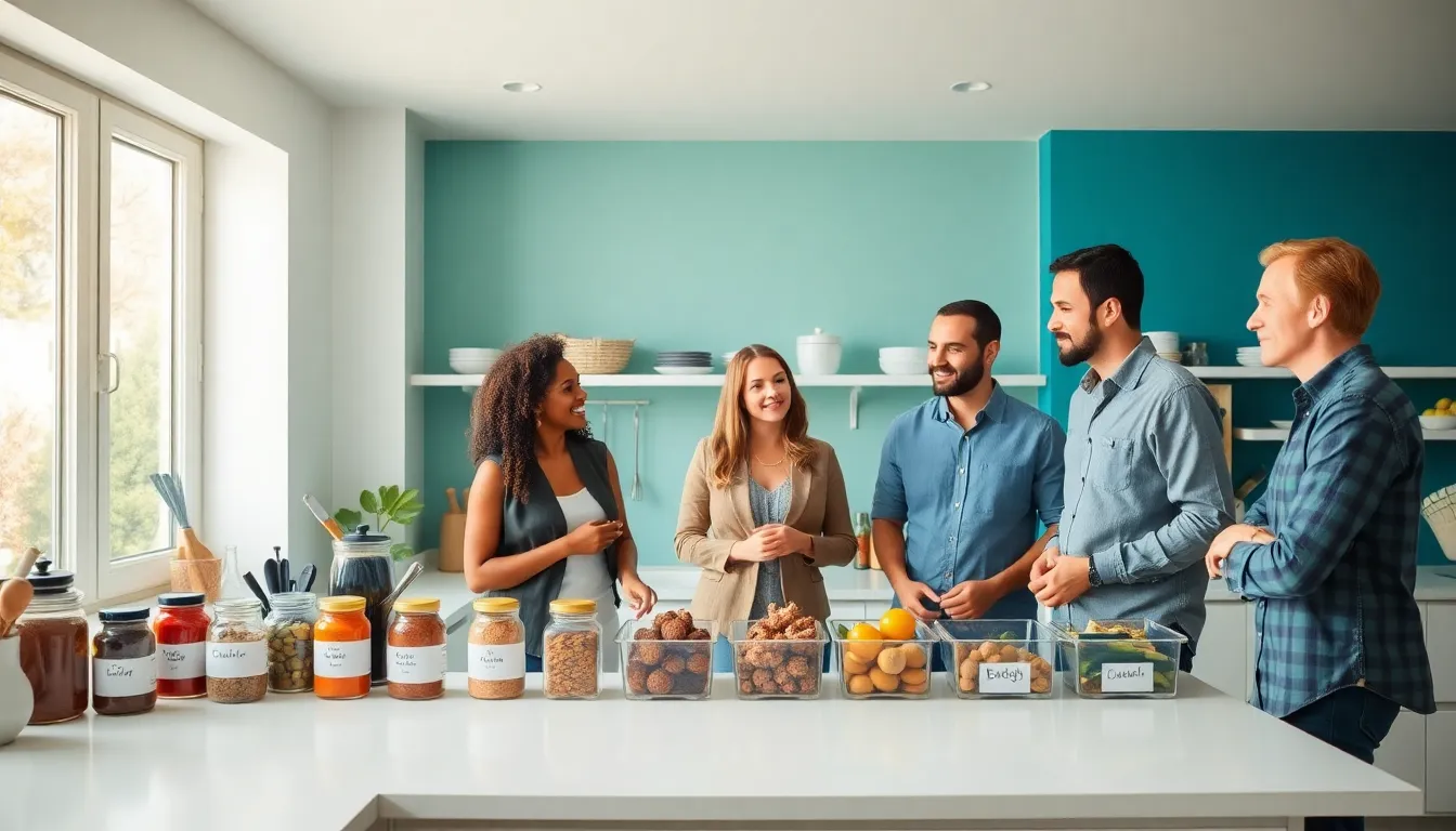 diverse team discussing kitchen organization in a bright, modern kitchen.