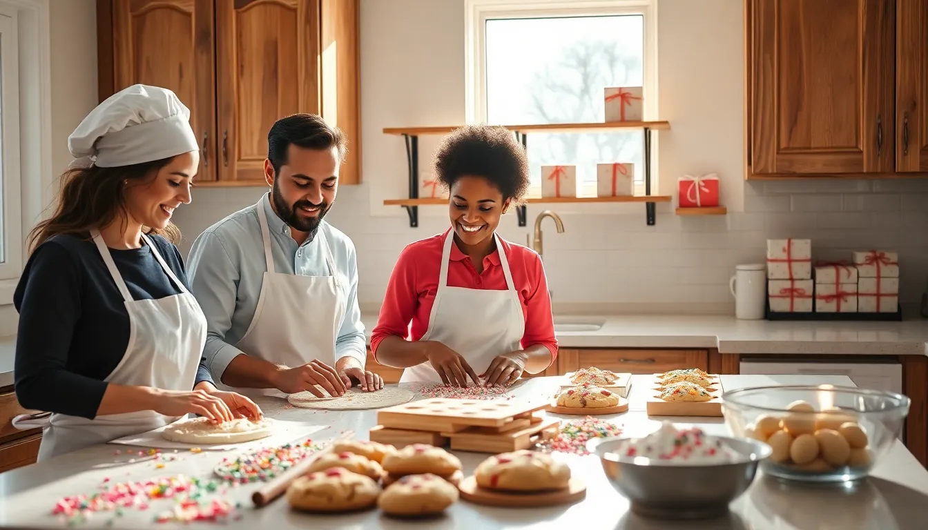 diverse bakers preparing cookies in a warm kitchen setting.
