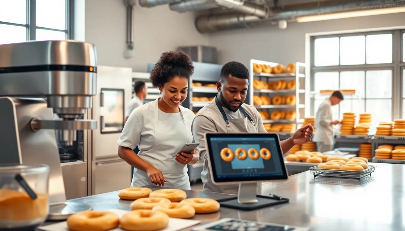 professional bakers using advanced technology to make bagels in a bright bakery.