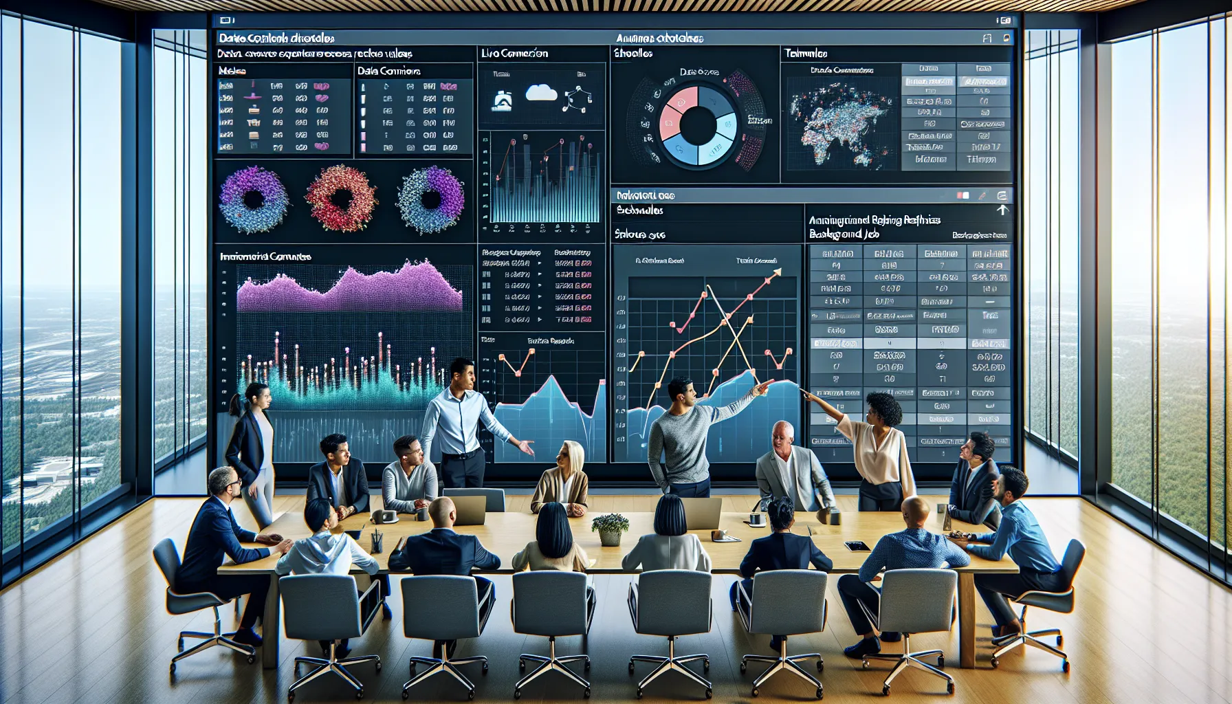 Data professionals reviewing automated Tableau data refresh schedules on dashboards in a modern office.