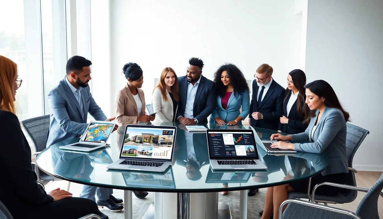 diverse real estate team collaborating in a modern office.
