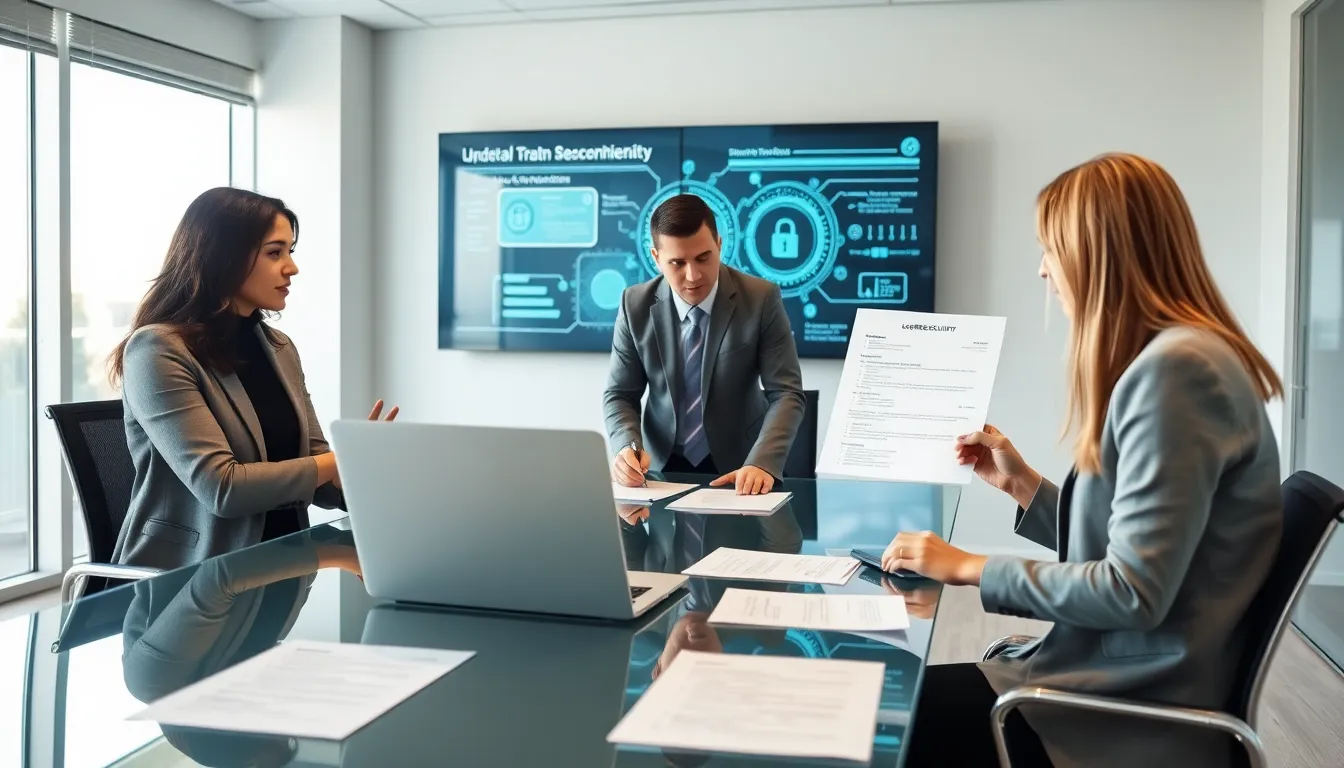 diverse cybersecurity team discussing resumes in a modern office setting.