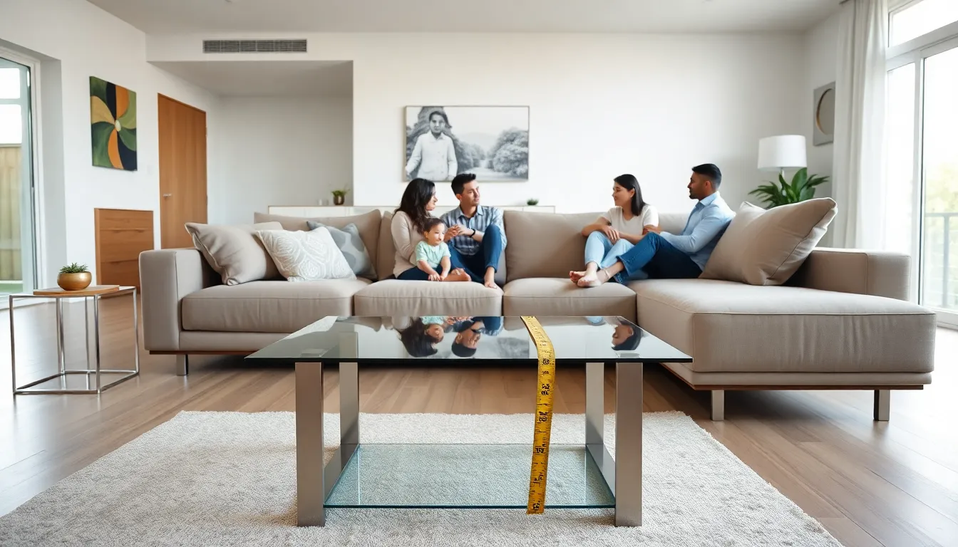 contemporary living room with sectional couch and measuring tape.