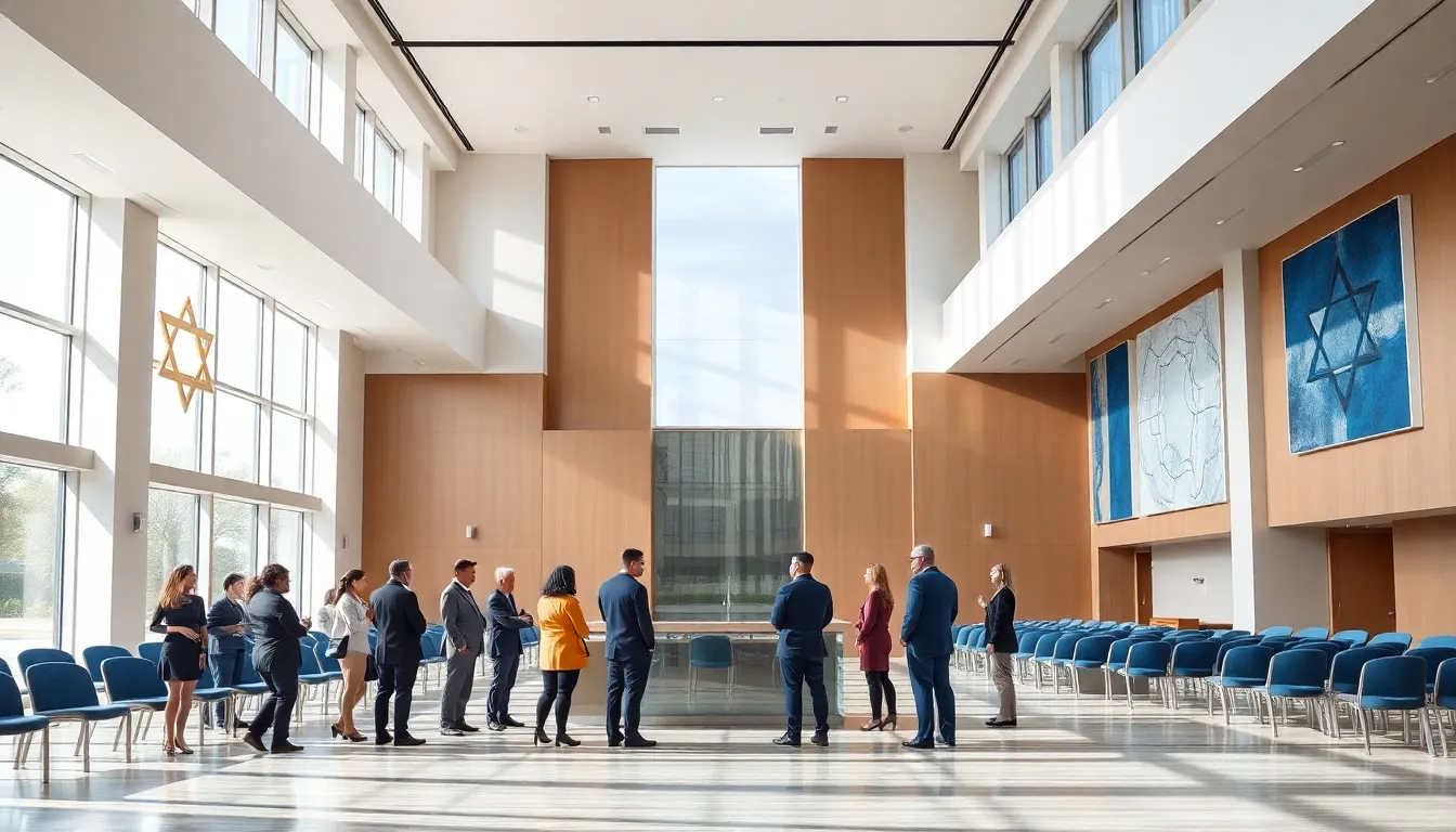 interior of a modern synagogue with diverse individuals discussing architecture.