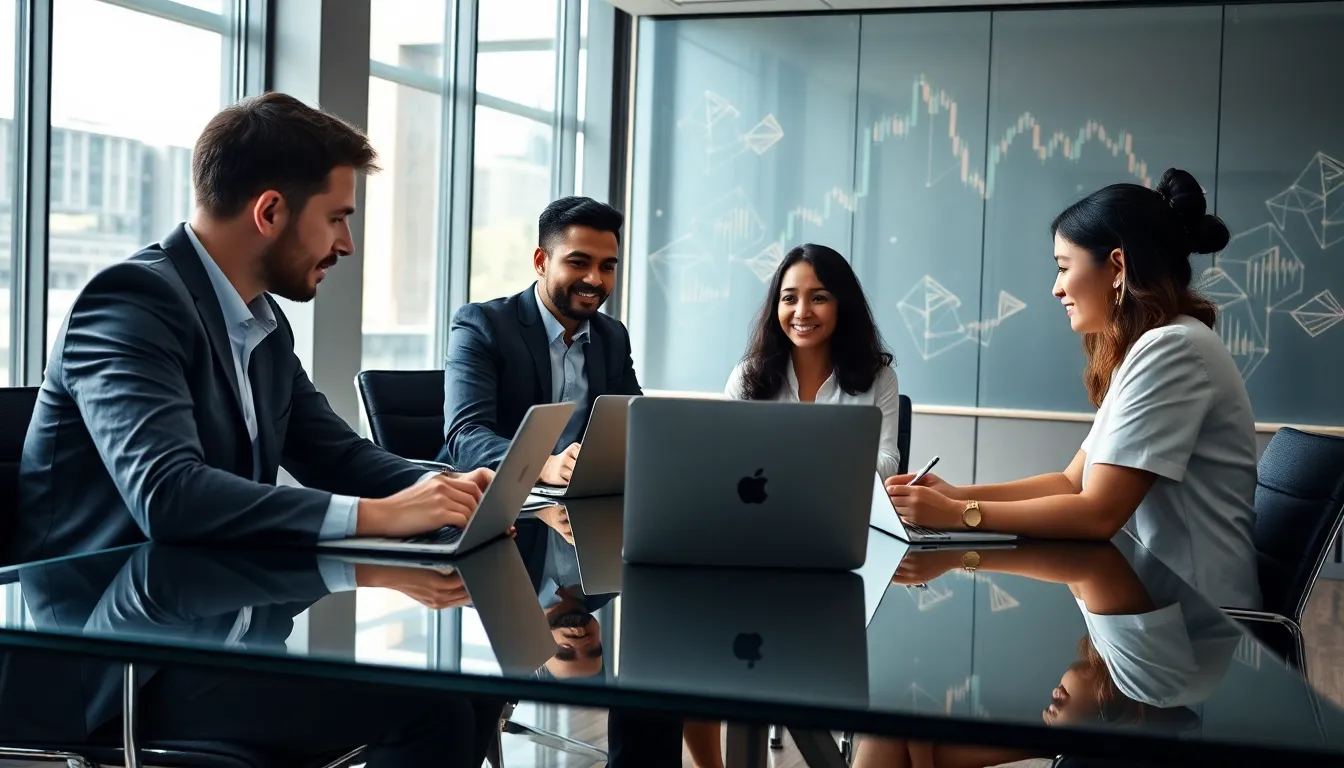 diverse professionals discussing cryptocurrency in a modern office.
