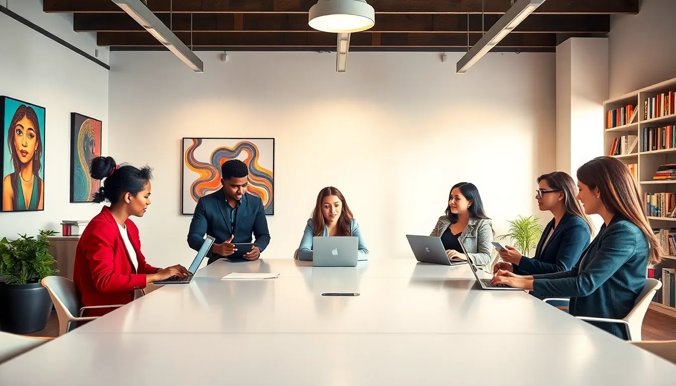 diverse creatives collaborating in a modern artistic workspace.
