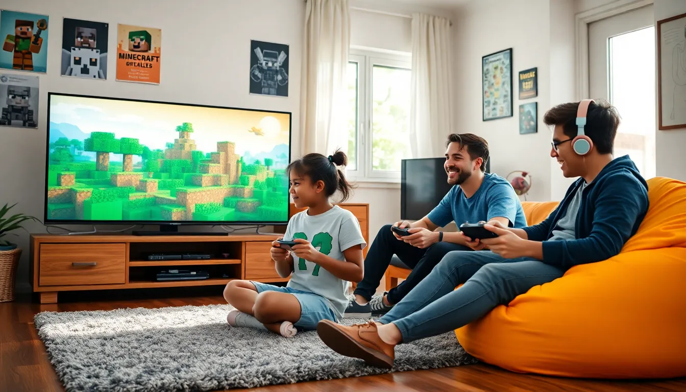 a diverse group of gamers playing Minecraft in a cozy living room.