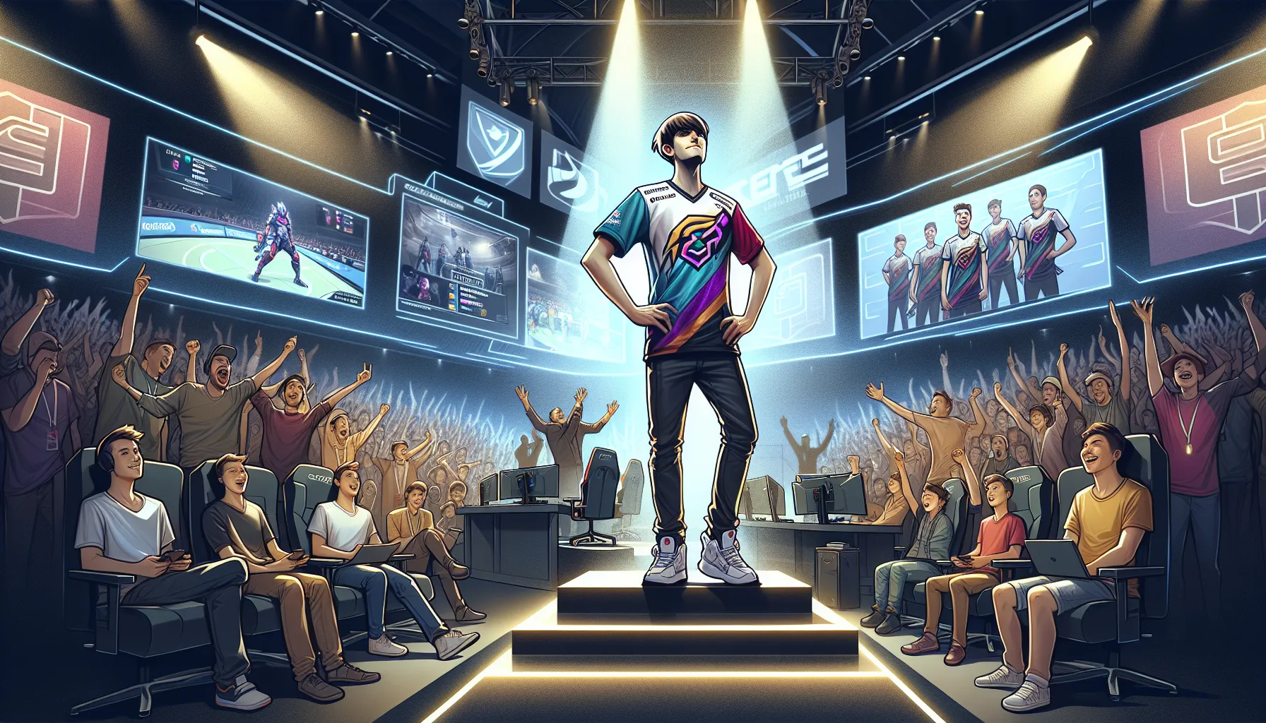 Kalimac Hogpen celebrating in a lively esports arena.