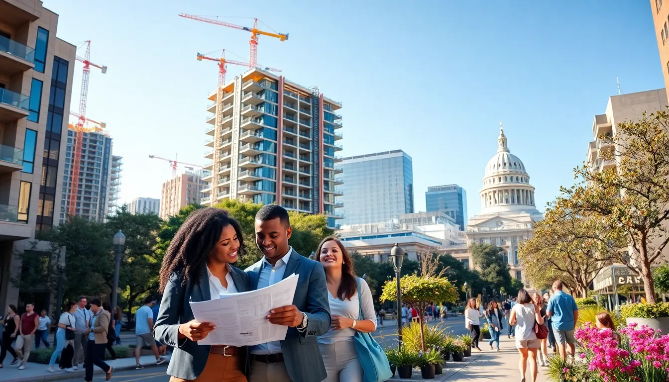 a diverse group discussing real estate near a modern building in Austin, Texas.