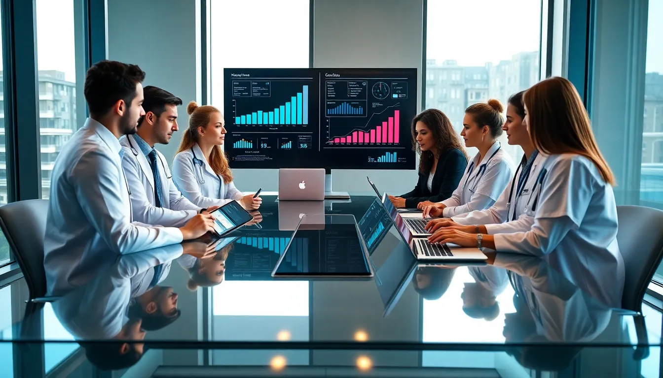 team discussing healthcare risk management in a modern office.