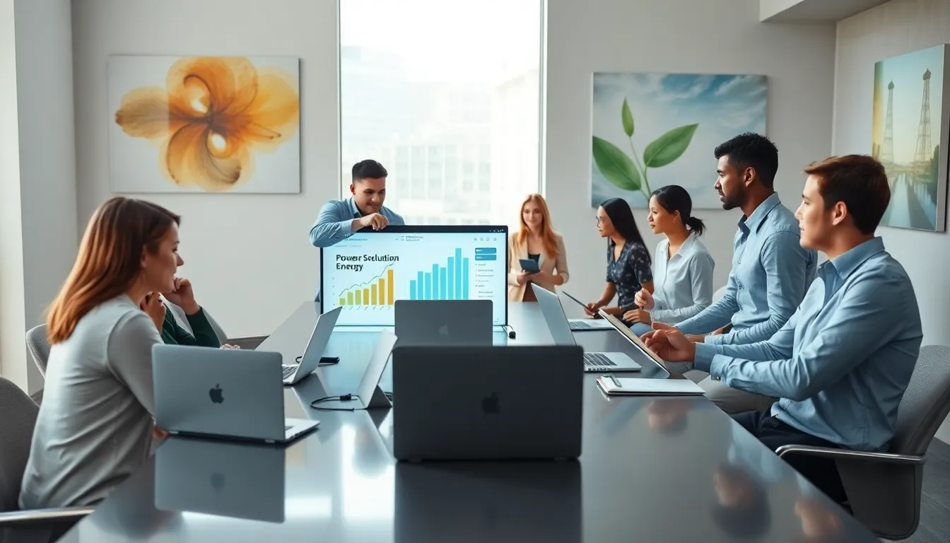 diverse professionals discussing energy solutions in a modern office.