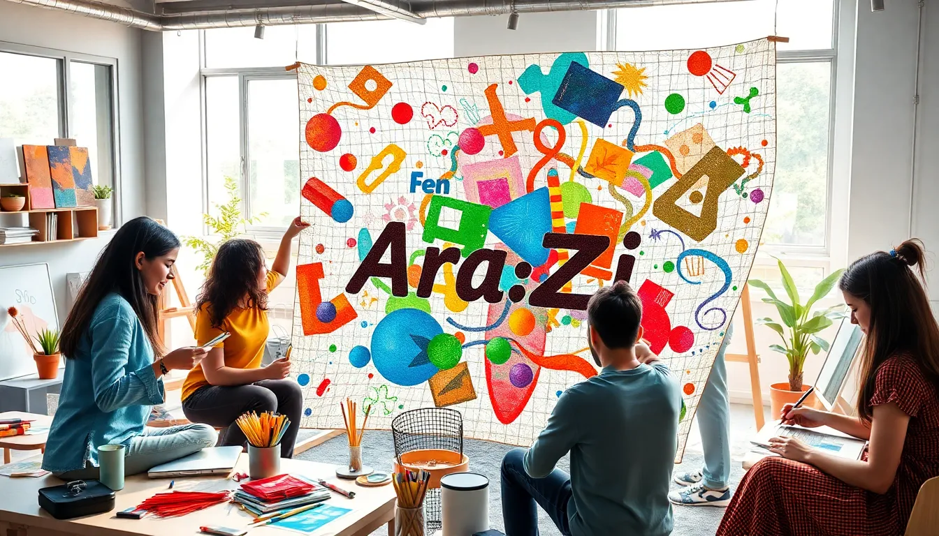 diverse artists collaborating on a colorful digital tapestry.