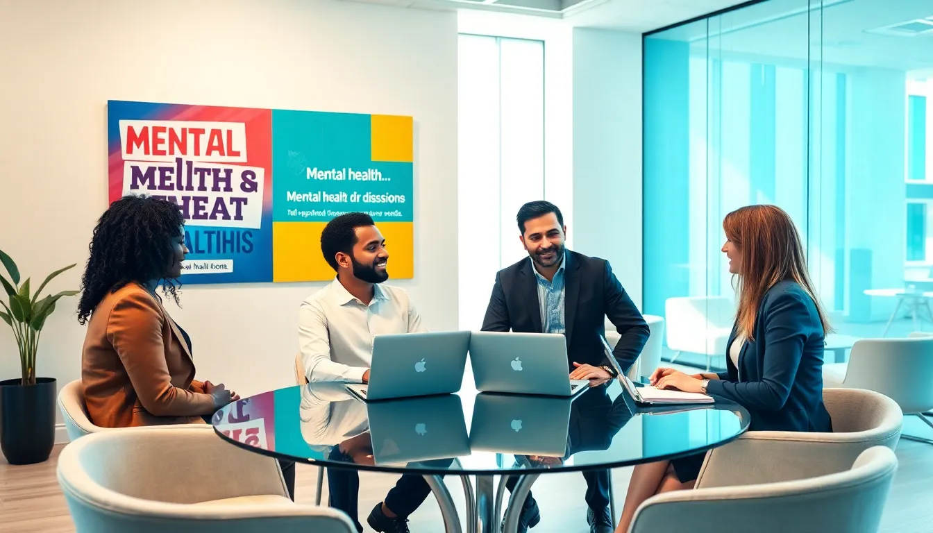 diverse professionals discussing mental health in a modern office setting.