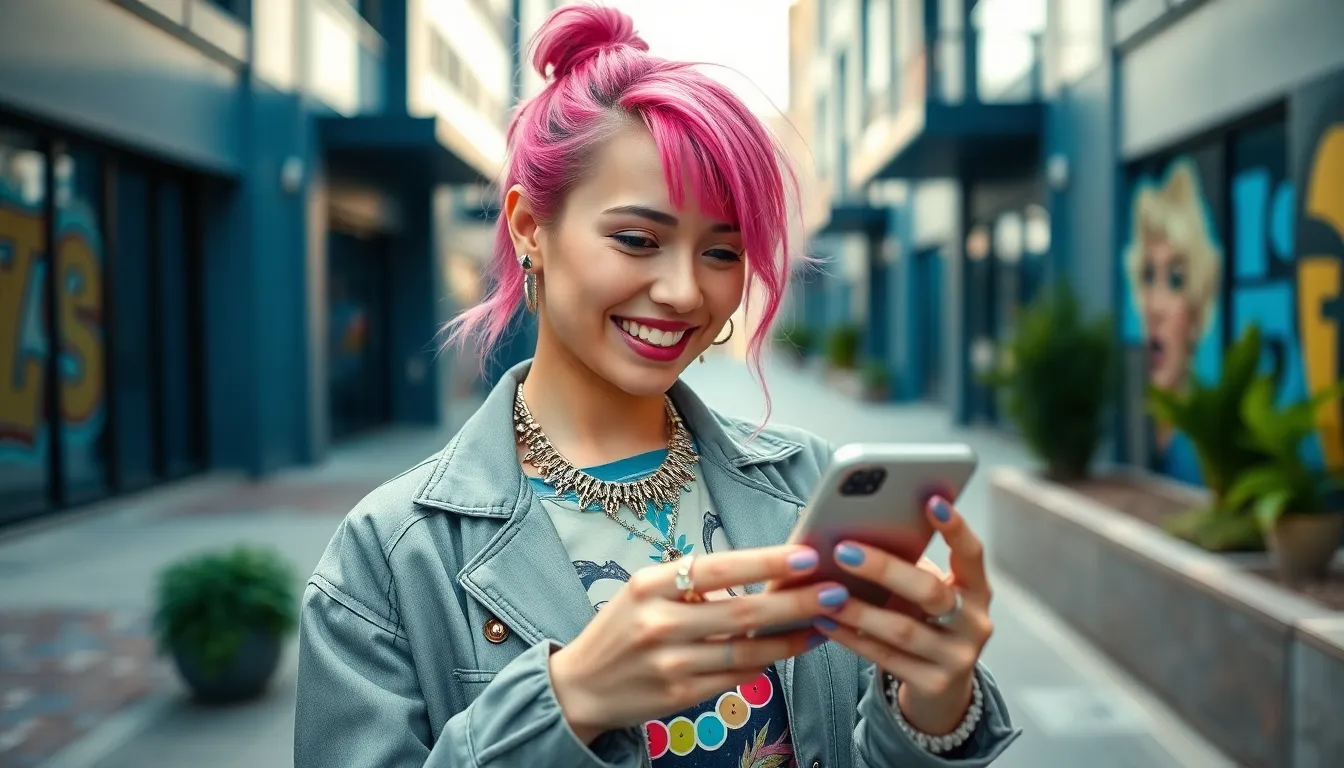 Lilystarrxox in a colorful urban setting, engaging with her smartphone.