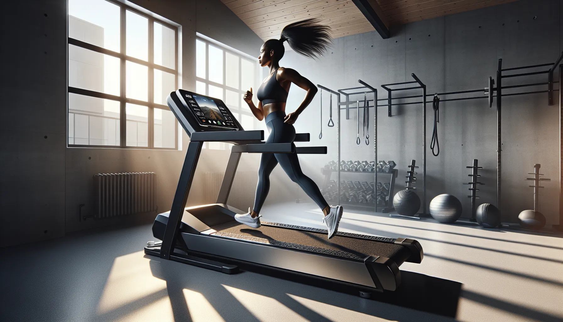 Woman running on a high-end treadmill with a large rotating screen.