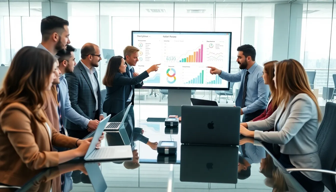 diverse team collaborating in a modern office on software applications.