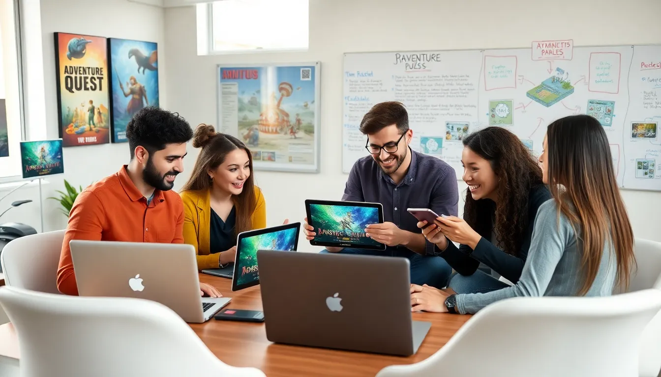 diverse game developers collaborating in a modern office.
