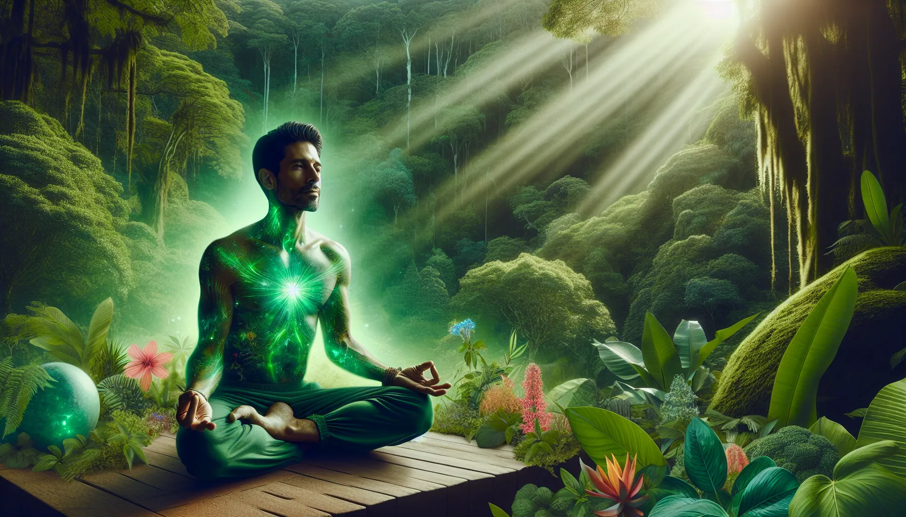 individual practicing yoga in a serene, green outdoor setting.