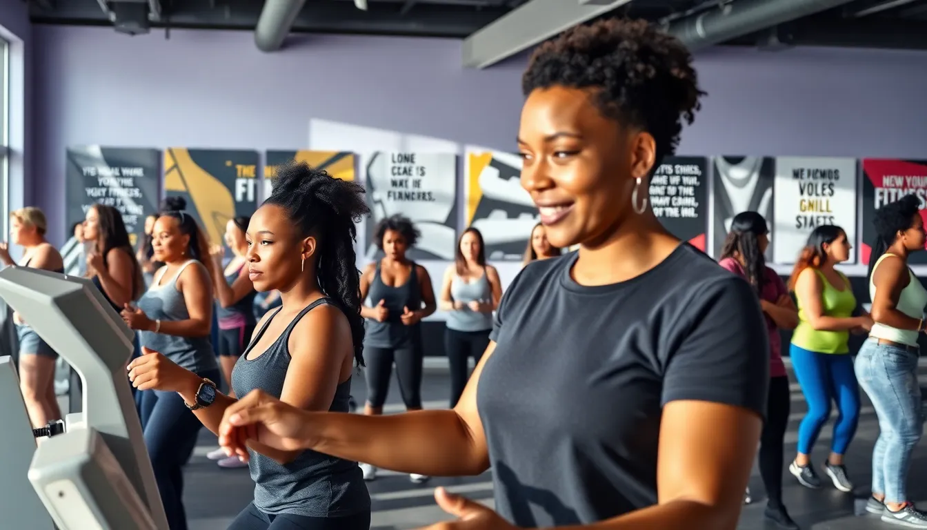 diverse gym members training in a welcoming, modern fitness center.