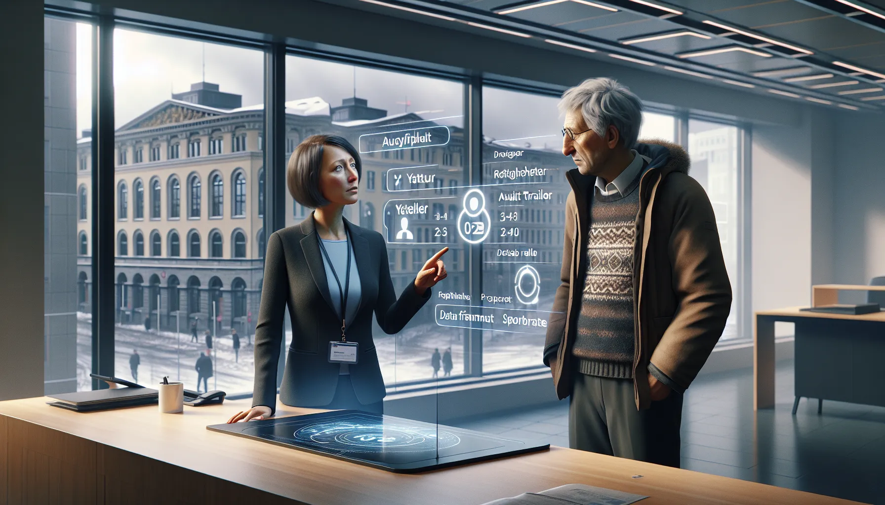Civil servant explaining an ai decision interface to a vulnerable citizen in norway.