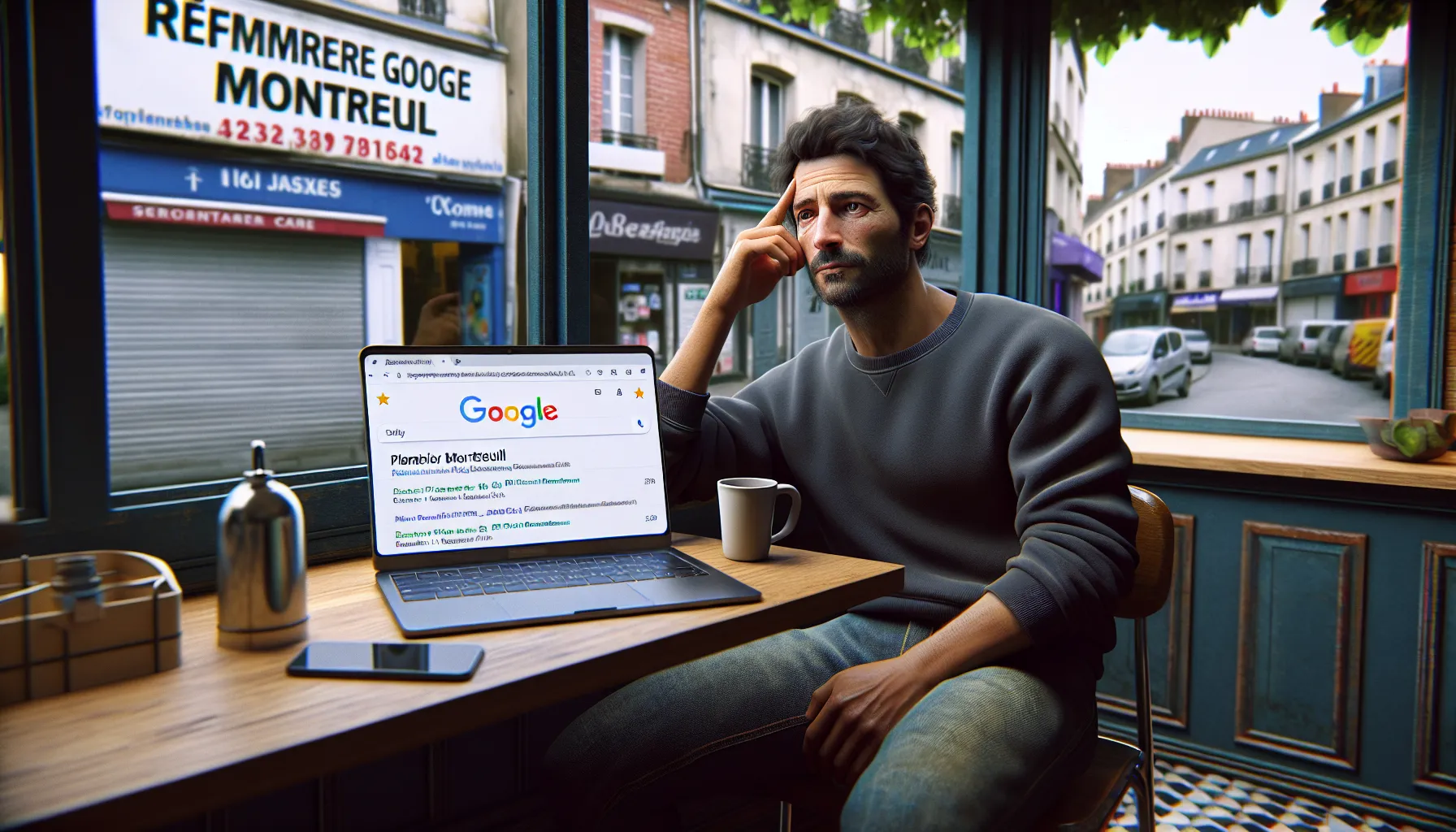 Worried Montreuil shop owner looks at Google search results showing only competitors.