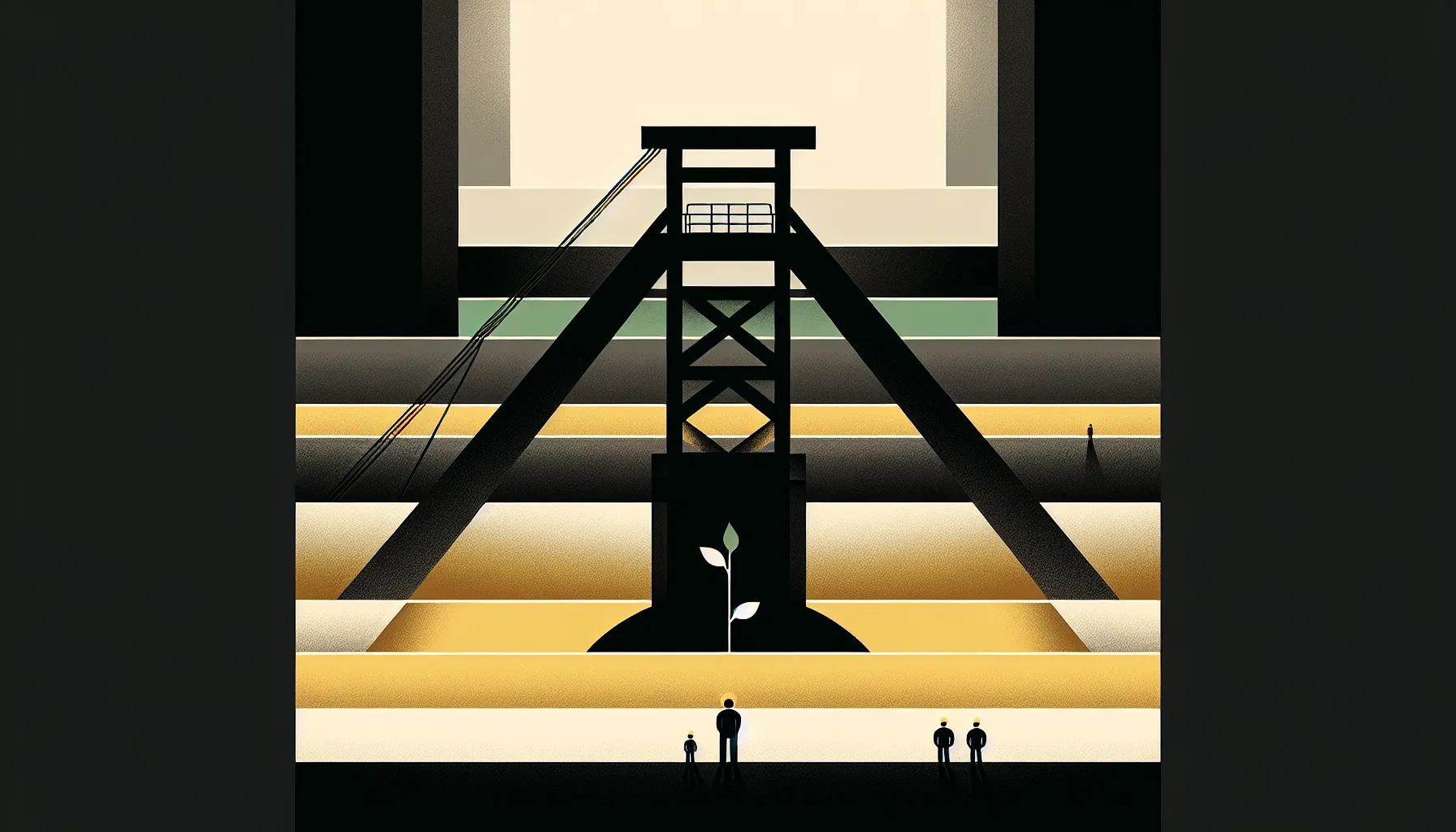 Coal mine with workers and green sprout symbolizing hope and social change.