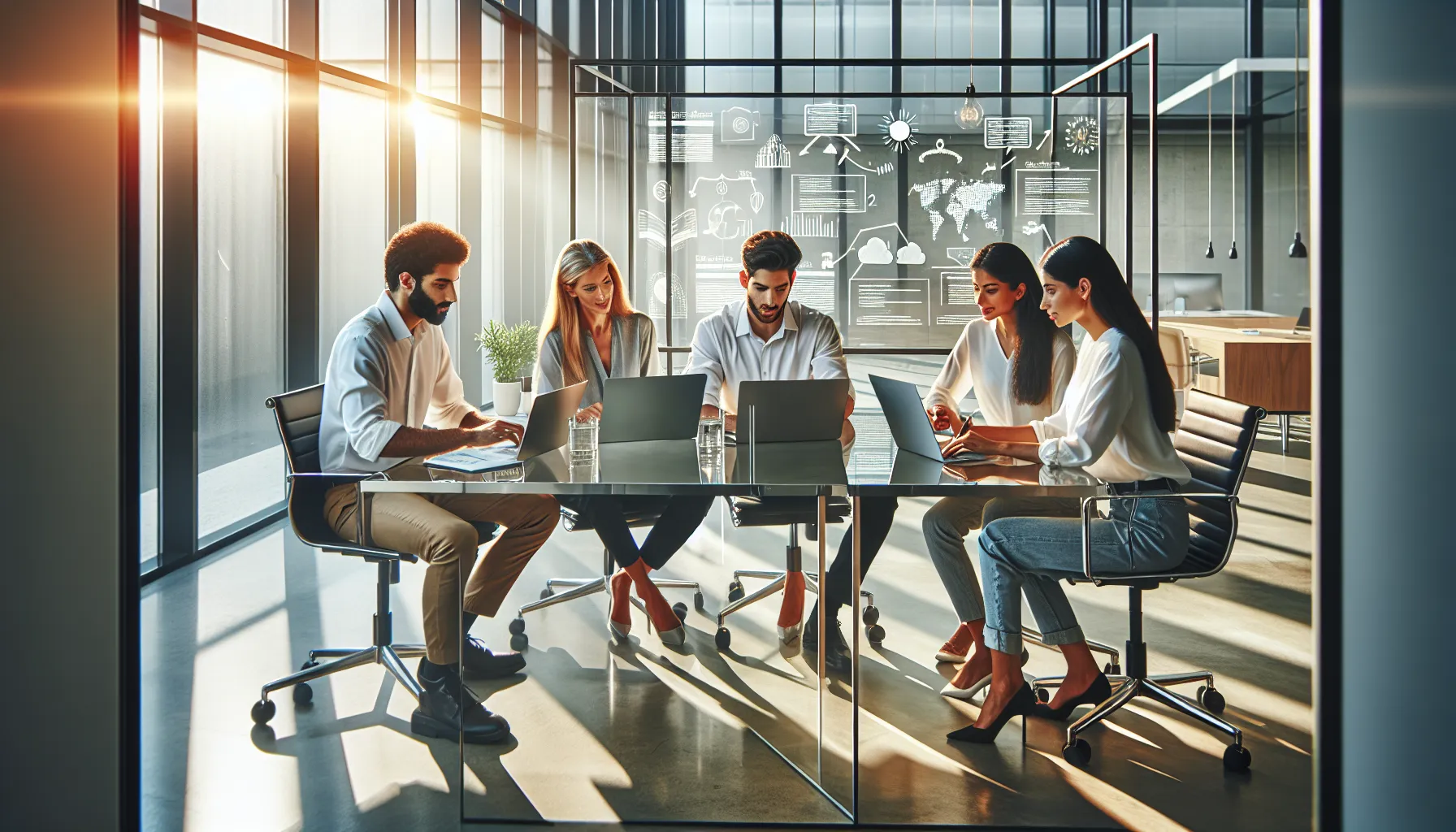 diverse team collaborating in a modern office on digital content.