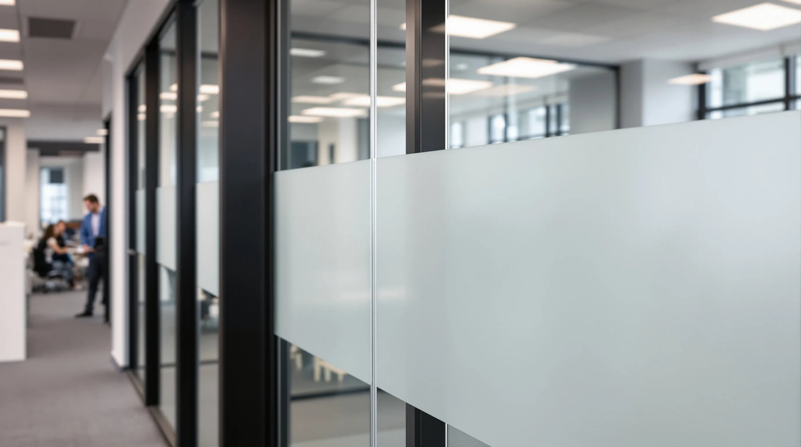 Modern glass partition with frosted privacy band in a bright UK office space.