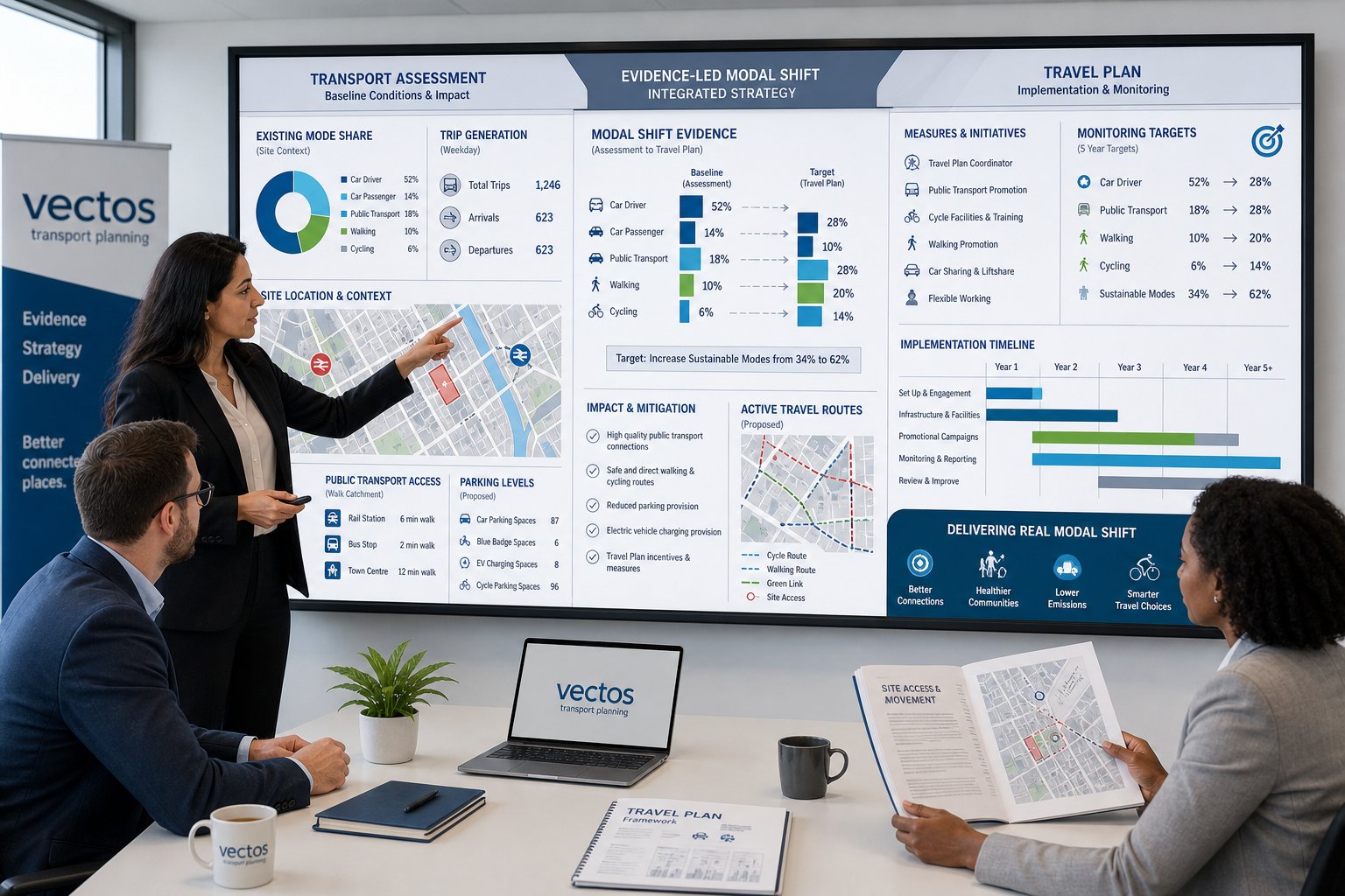 UK transport consultants reviewing modal shift data, travel plans, and assessment charts.