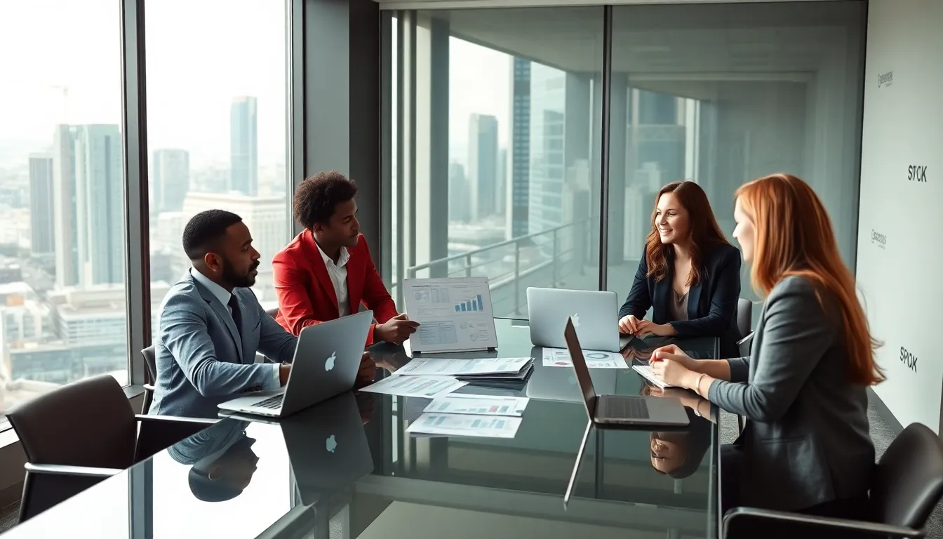 diverse marketing team collaborating in a modern conference room.
