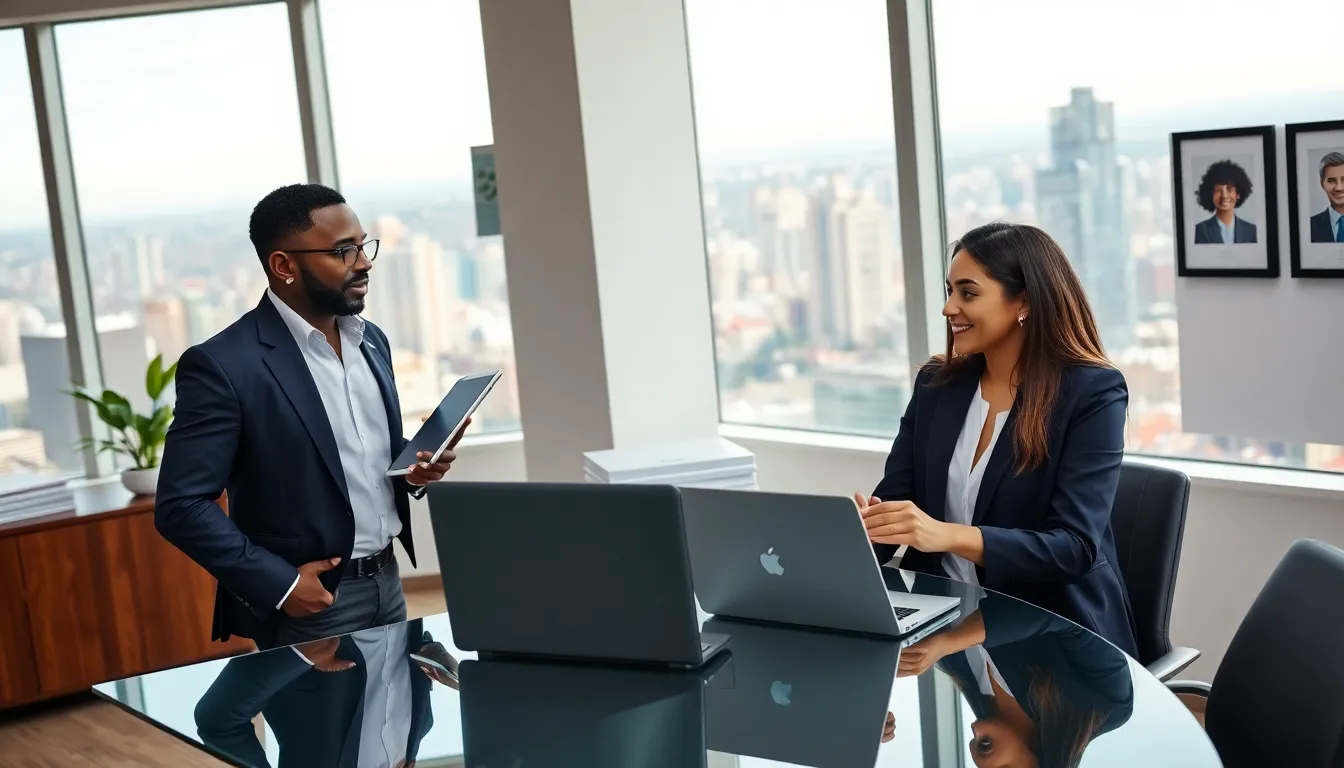 Timothy, a real estate agent, discusses property listings in a modern office.