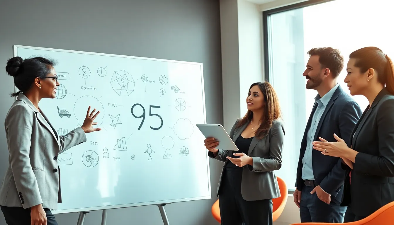 diverse team discussing Φ95ζονε in a modern office.