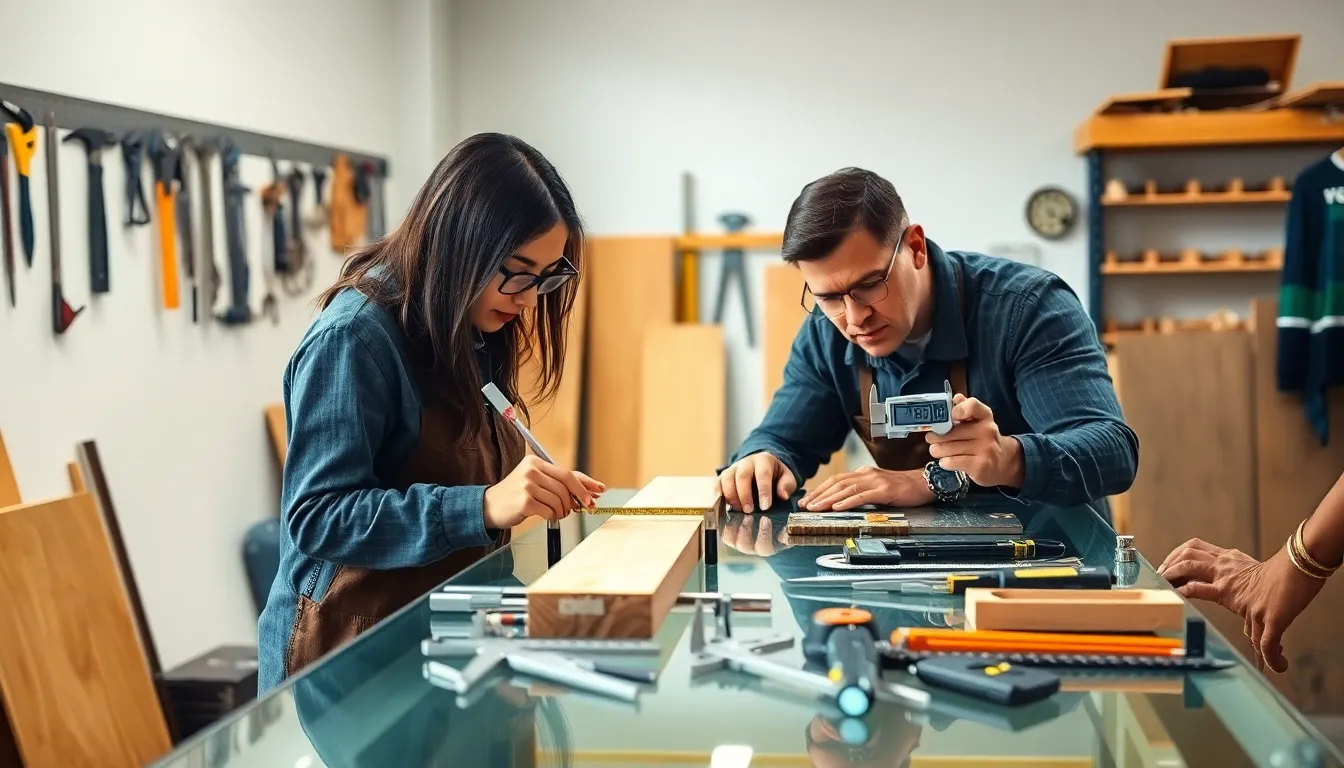 professionals using measuring tools in a workshop setting.