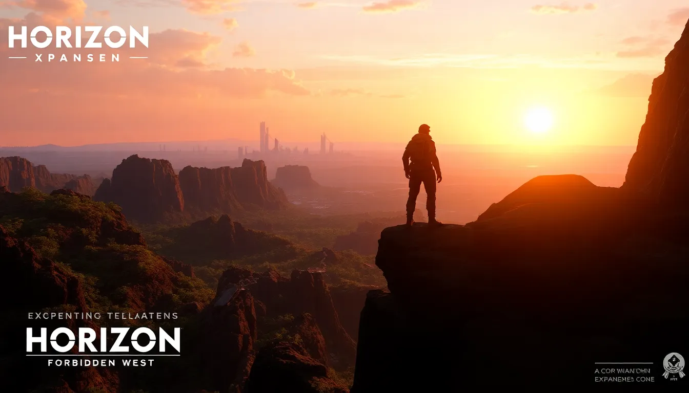 adventurer overlooking a post-apocalyptic landscape with ruins and volcanic features.