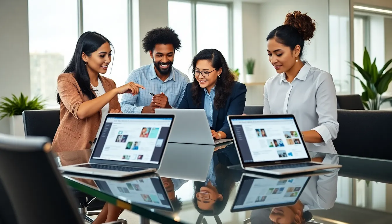 diverse team collaborating with technology in a modern office.