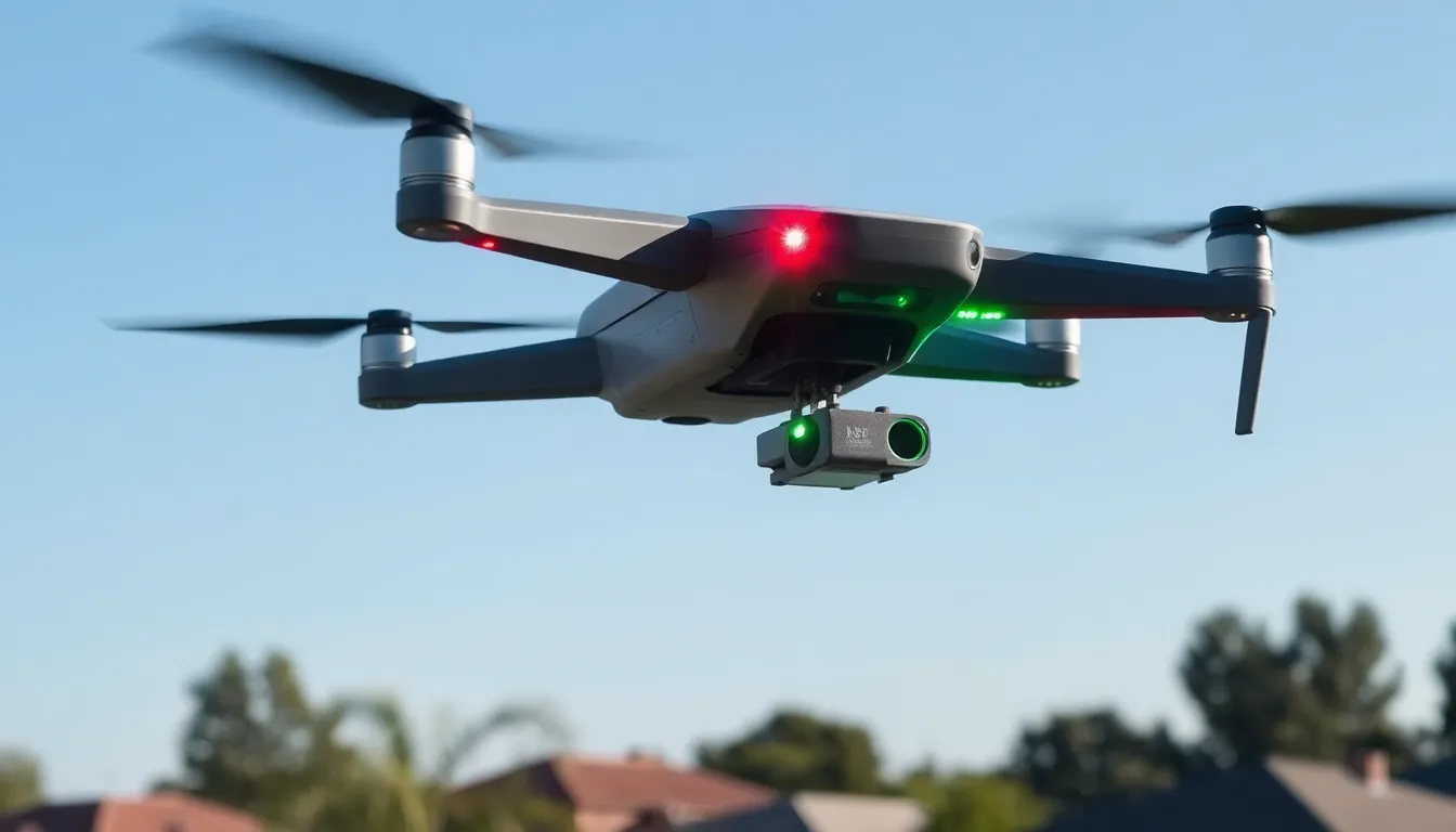 a drone displaying red and green navigational lights in flight.