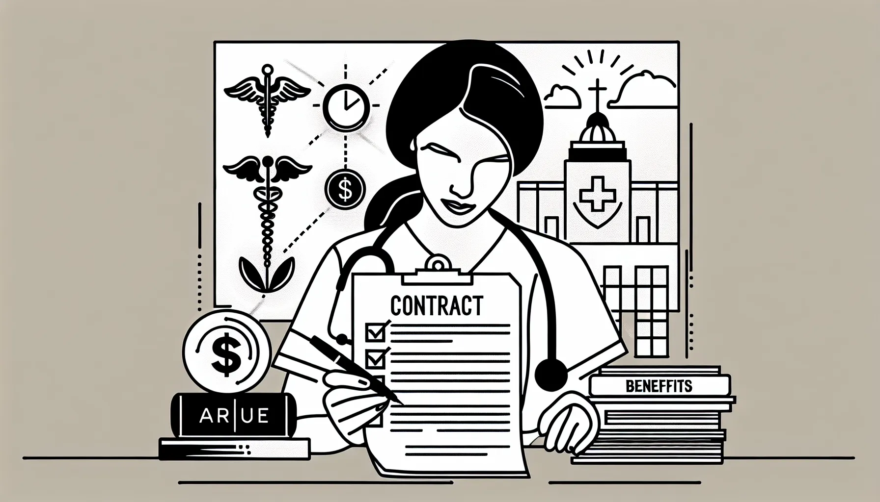 Physician at desk reviewing a contract with icons for pay, malpractice, and schedule of Arizona Physician Contract Review