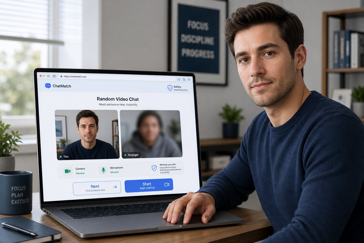 Person using a laptop with a random video chat screen and Next button.