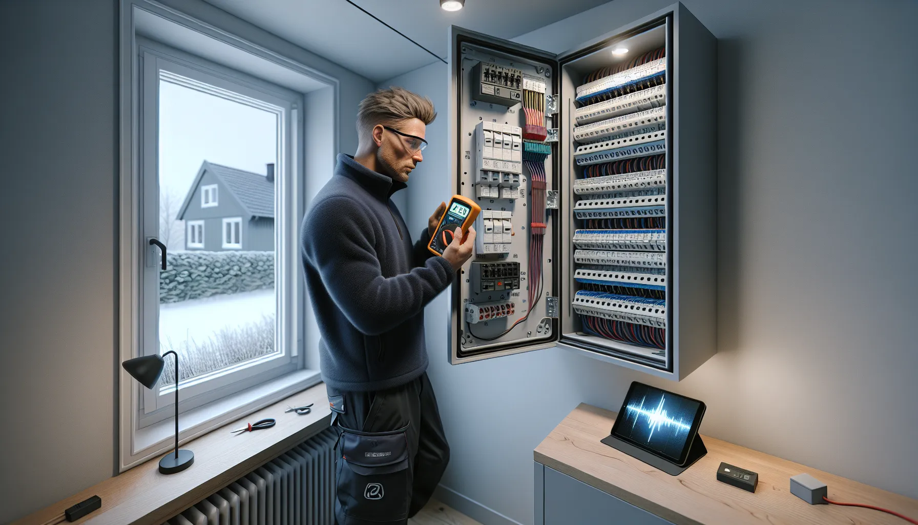 Norwegian electrician measuring voltage in an open panel with single and three phase.