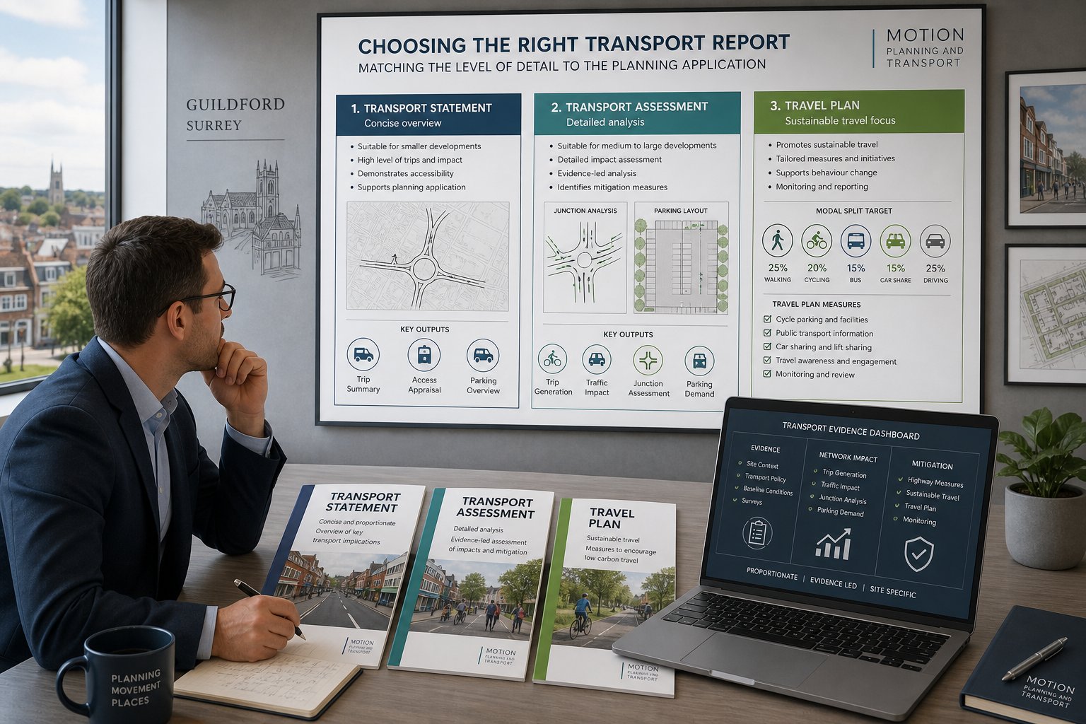 Traffic engineer comparing transport reports in a modern UK office.