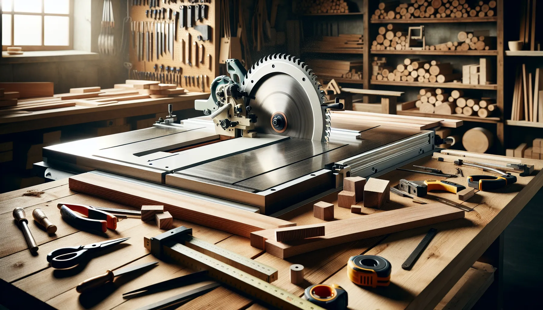 A table saw in a workshop cutting a wooden board.
