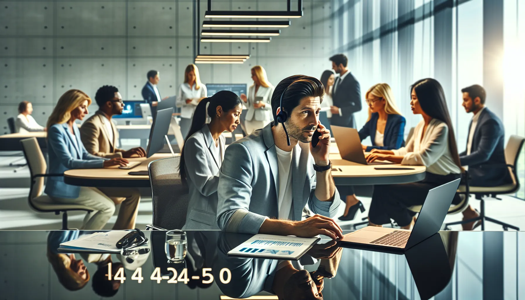 diverse professionals communicating in a modern office setting.